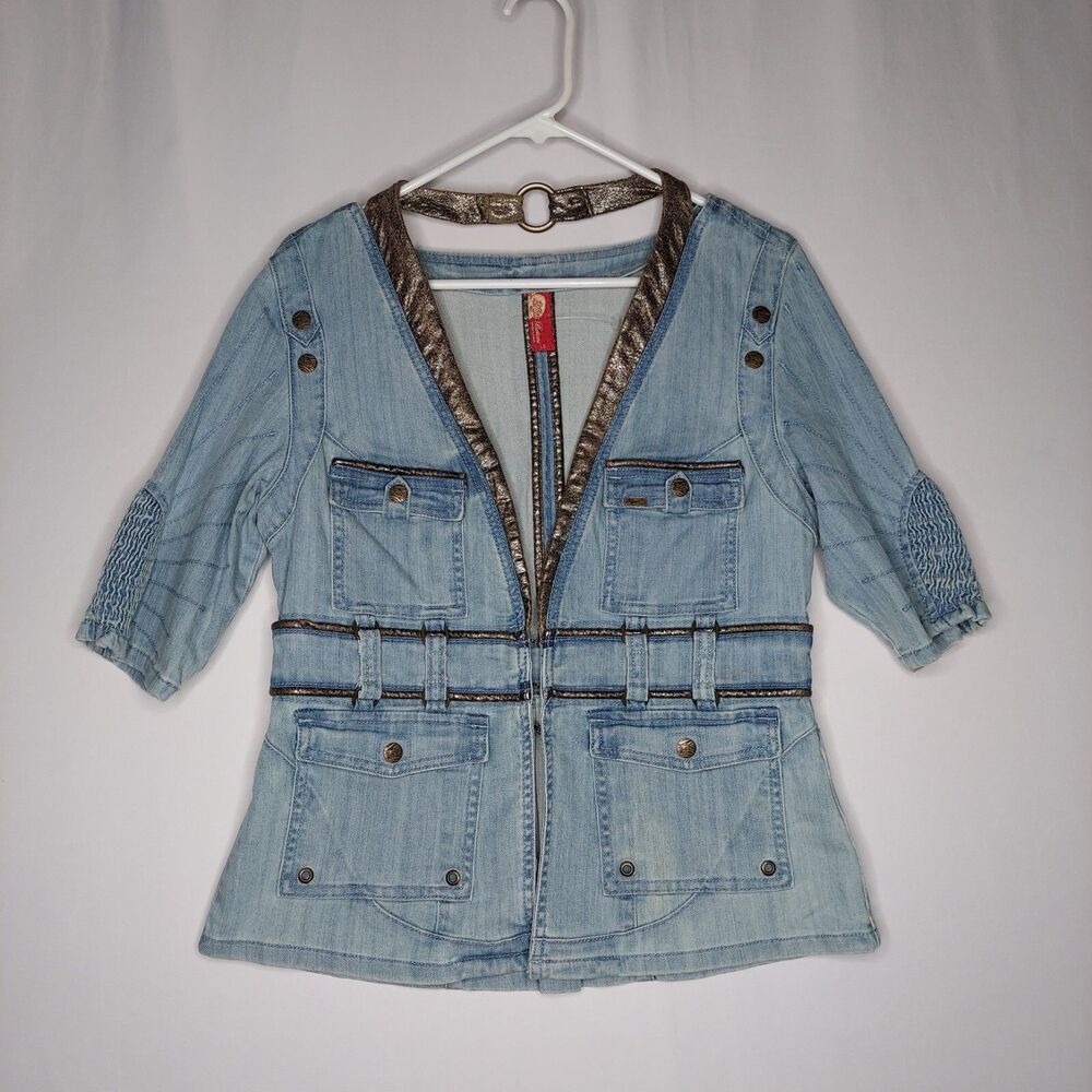 Vtg Apple Bottoms Denim Jacket Large Blue Half-Sleeve Faux Leather Trim Y2K